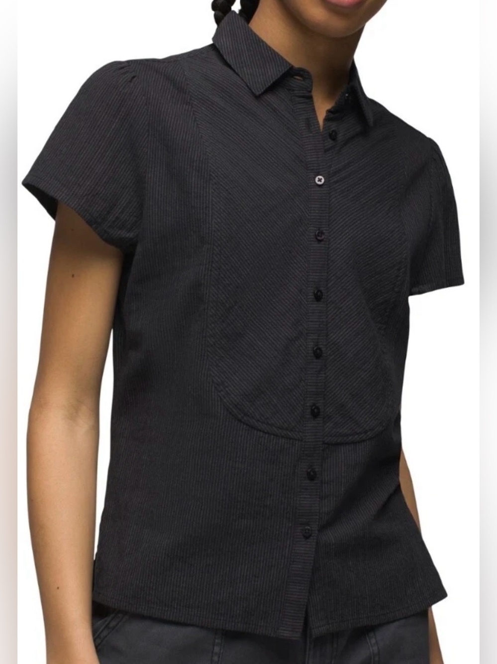 Prana Katya Organic Cotton Pinstripe Button-Down Short Sleeve Shirt Womens Large